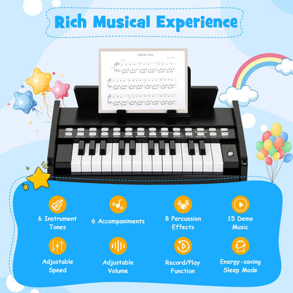 25 Lighted Keys Kids Piano Keyboard Mini Digital Piano Wooden Toy-Black