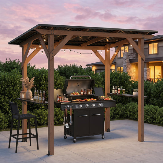 263 x 151 cm Grill Gazebo with 2 Side Serving Shelves-Brown