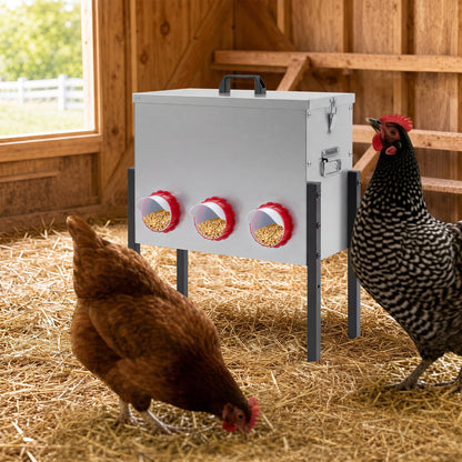 26L Automatic Chicken Feeder with 8 Openings and Adjustable Height Lockable Lid-Silver
