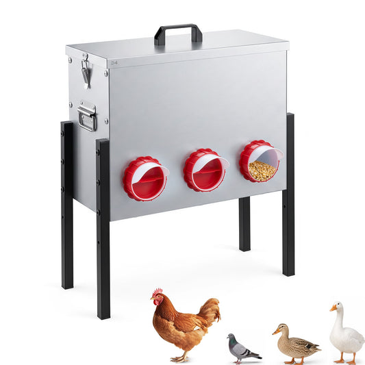 26L Automatic Chicken Feeder with 8 Openings and Adjustable Height Lockable Lid-Silver