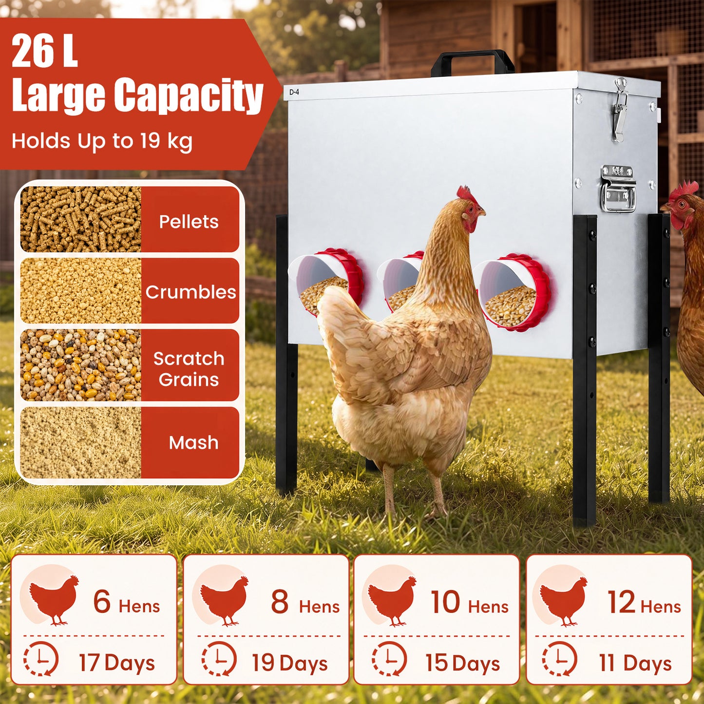 26L Automatic Chicken Feeder with 8 Openings and Adjustable Height Lockable Lid-Silver