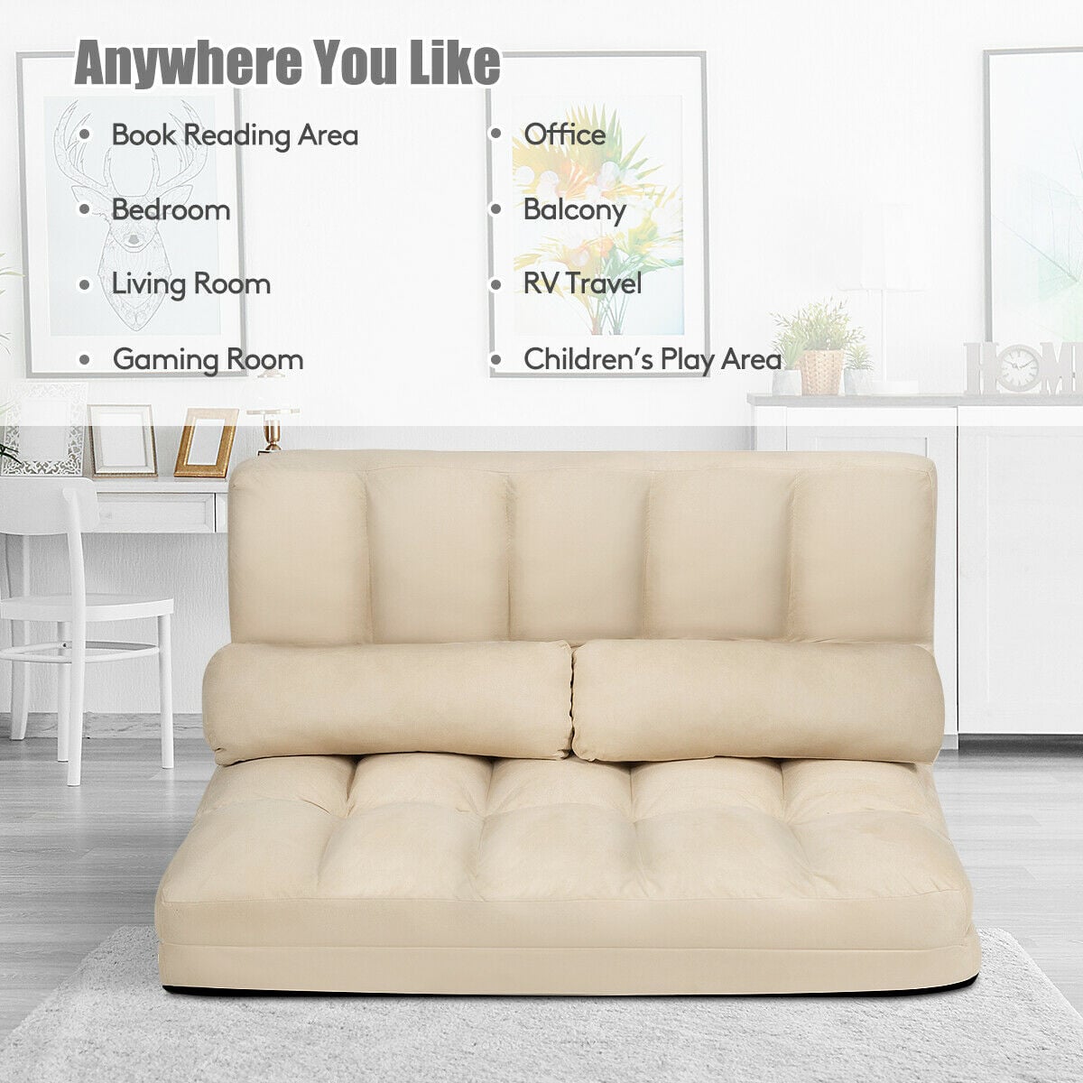 2 in 1 Folding Floor Lazy Sofa Bed with 6 Adjustable Seat Positions and 2 Pillows-Beige