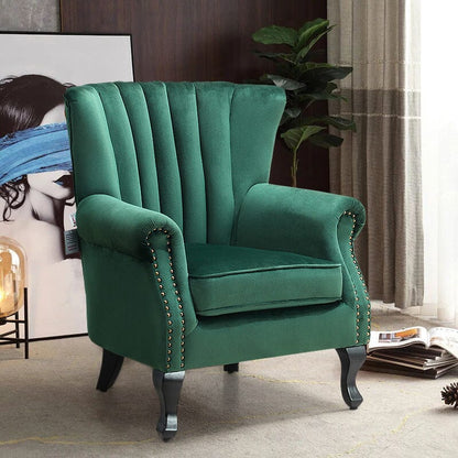 Velvet Upholstered Wingback Chair Thick Padded Armchair Green/Blue