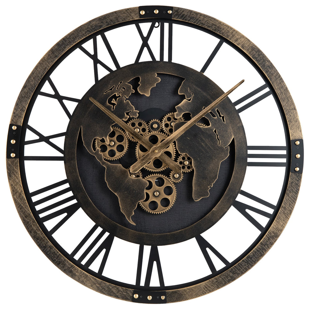 27” Large Wall Clock with World Map and Moving Gears-Brown