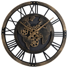 27” Large Wall Clock with World Map and Moving Gears-Brown