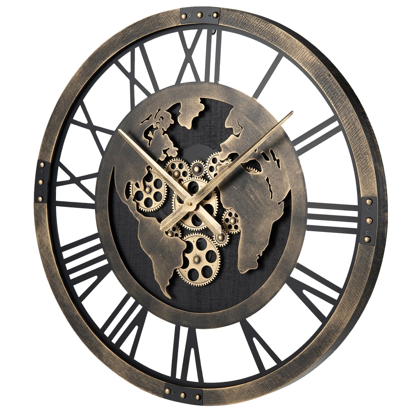 27” Large Wall Clock with World Map and Moving Gears-Brown