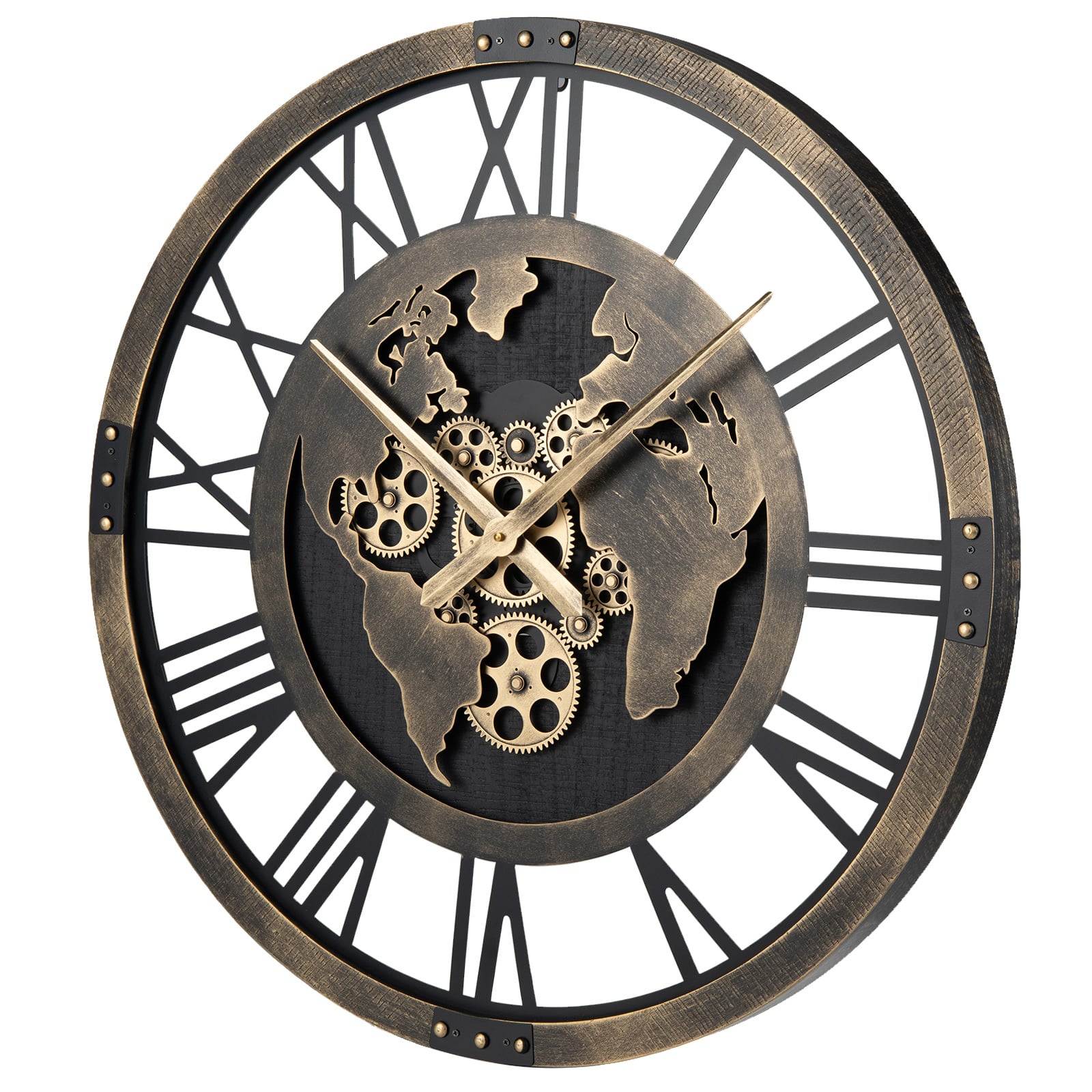 27” Large Wall Clock with World Map and Moving Gears-Brown