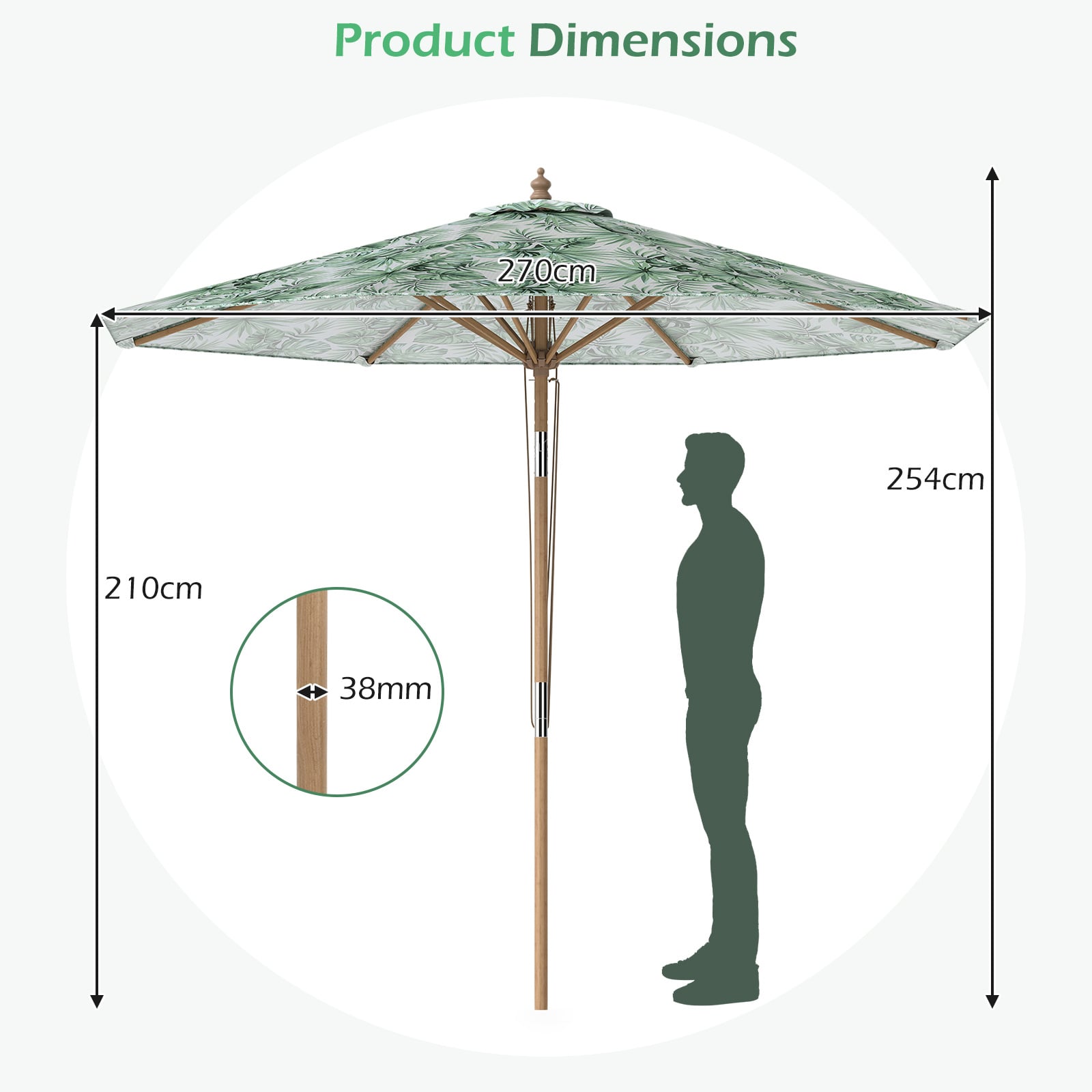 270 cm Patio Umbrella Market Table Umbrella with Push Button Tilt-Green