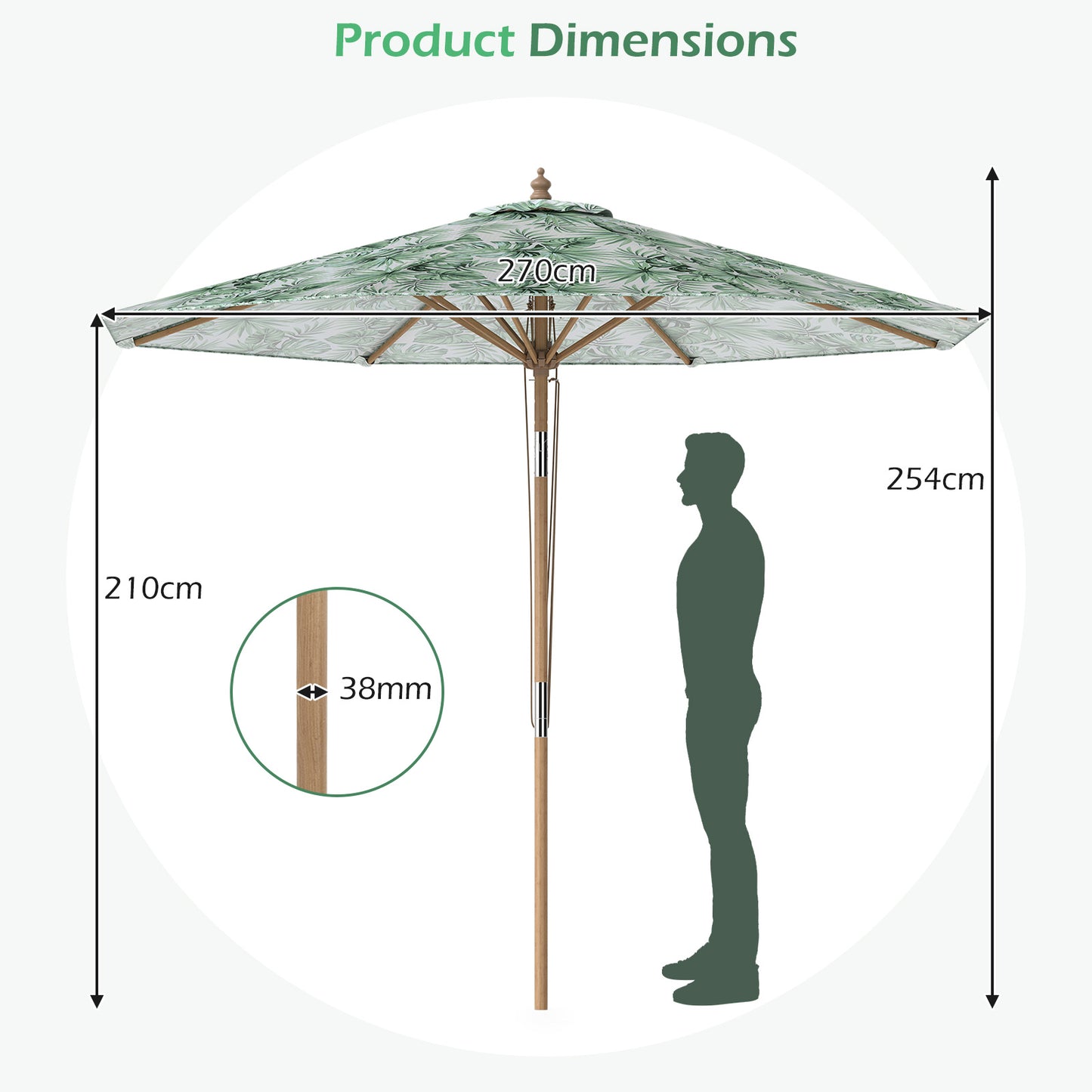 270 cm Patio Umbrella Market Table Umbrella with Push Button Tilt-Green