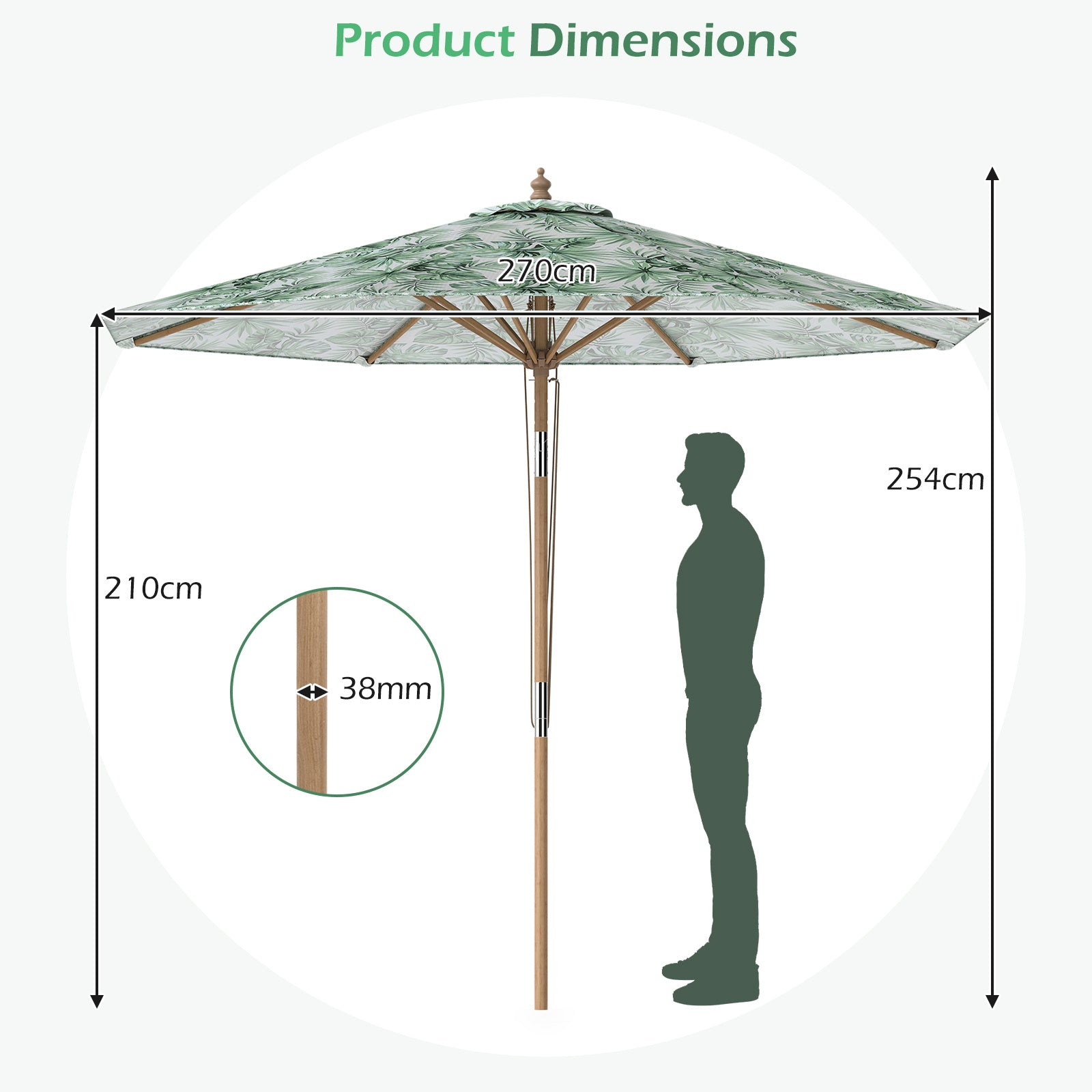 270 cm Patio Umbrella Market Table Umbrella with Push Button Tilt-Green