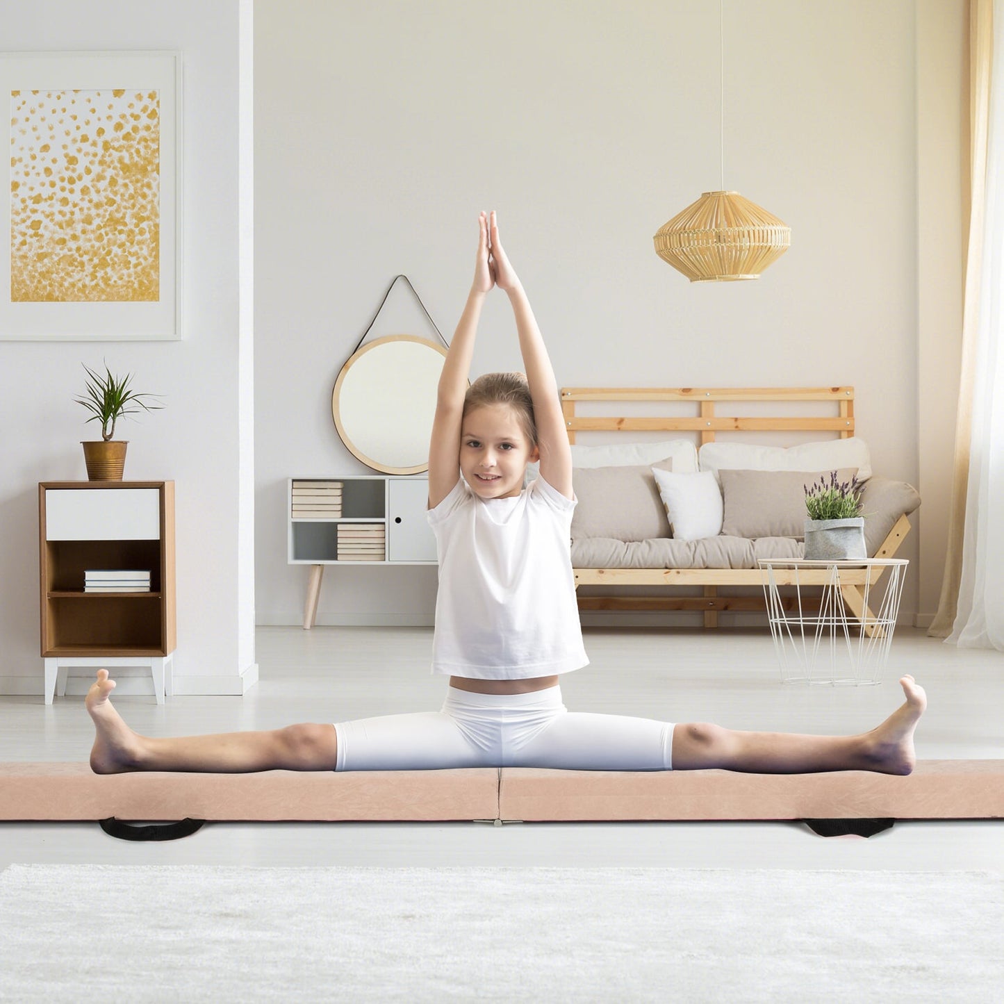 270CM Folding Balance Beam with Solid Wood Base and Anti-slip Bottom-Brown