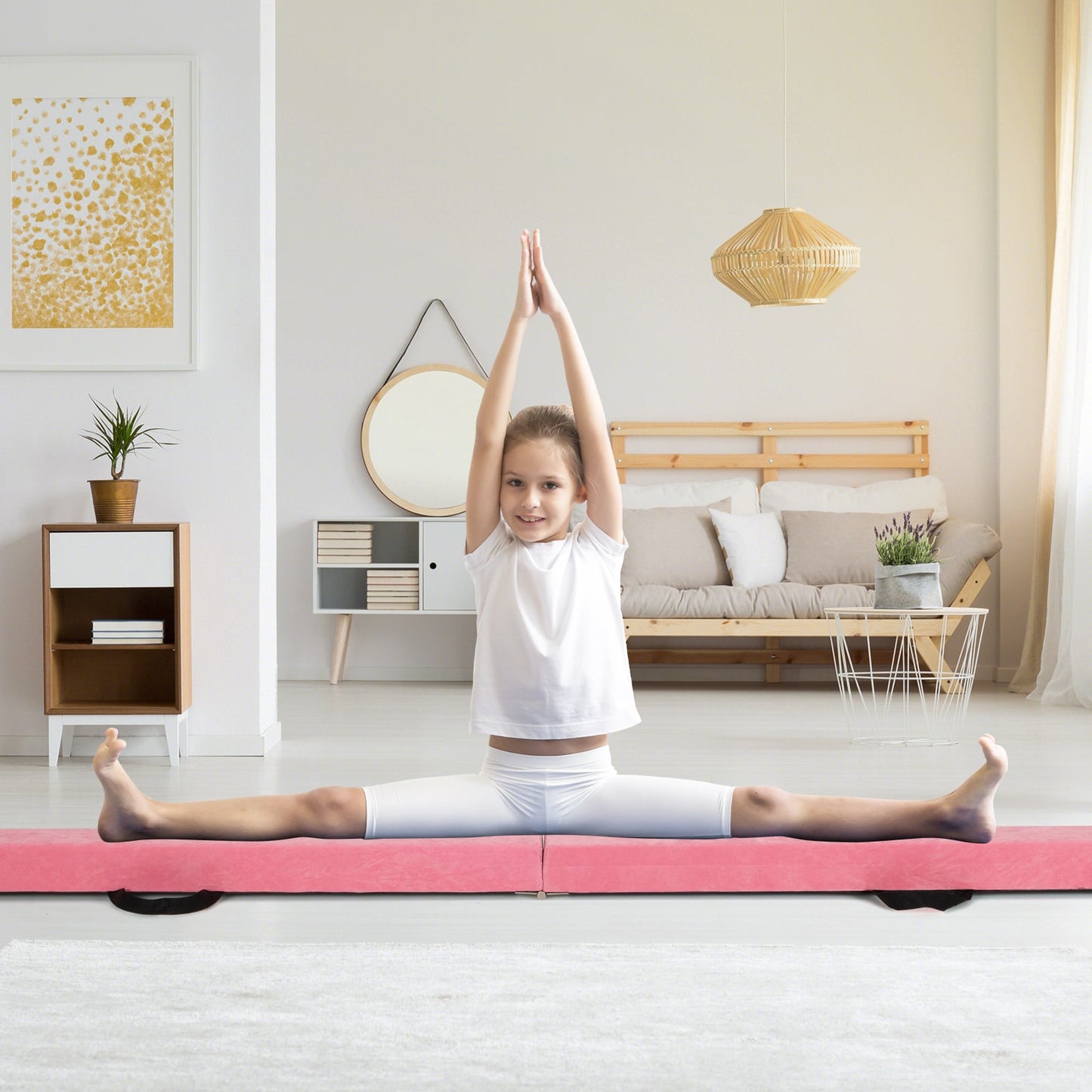 270CM Folding Balance Beam with Solid Wood Base and Anti-slip Bottom-Pink