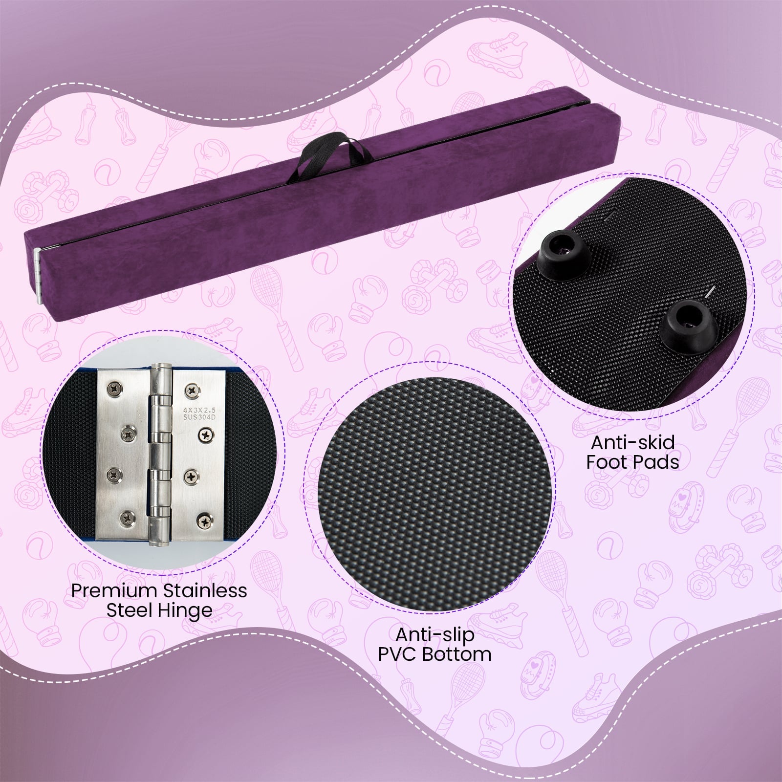 270CM Folding Balance Beam with Solid Wood Base and Anti-slip Bottom-Purple
