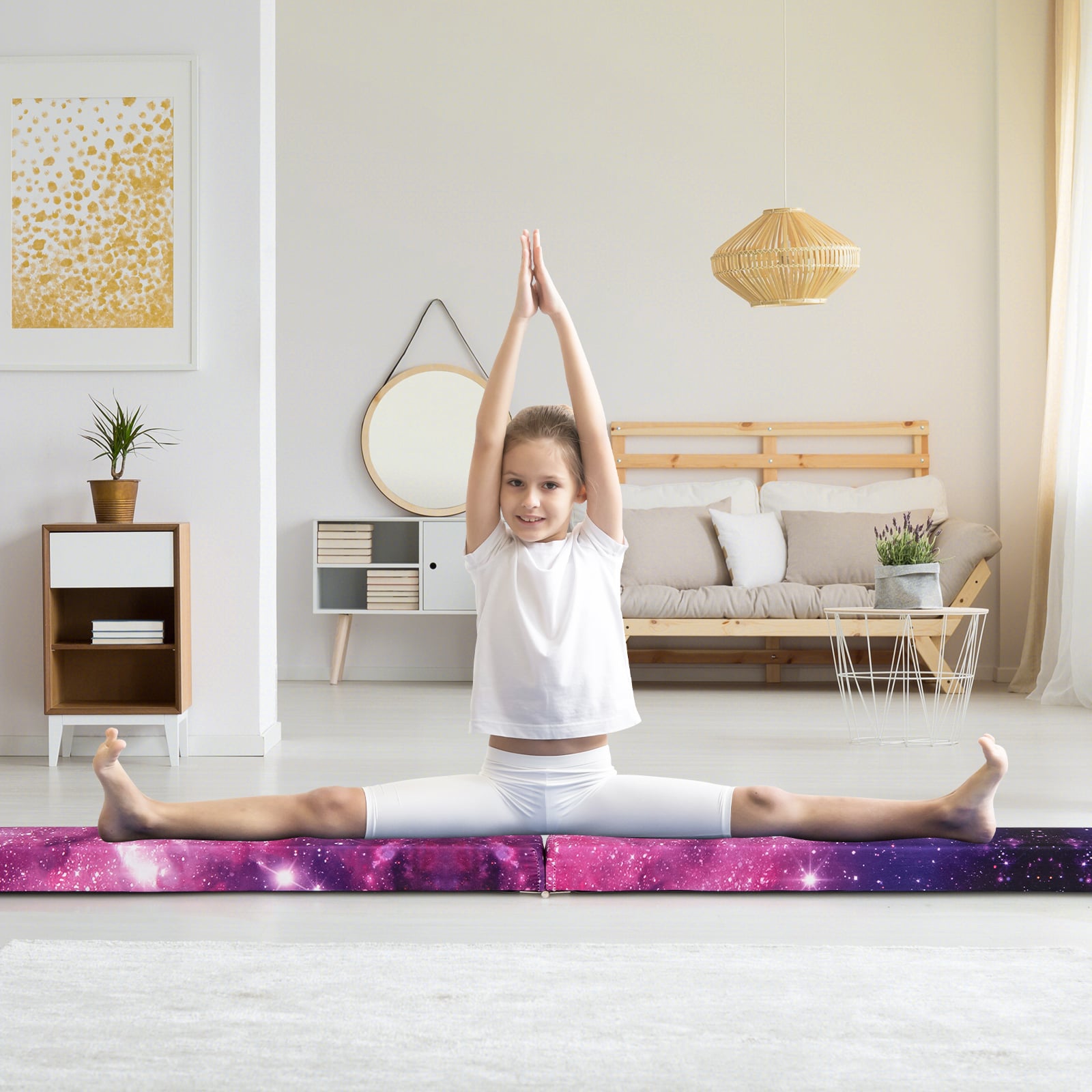 270CM Folding Balance Beam with Solid Wood Base and Anti-slip Bottom-Pink & Purple
