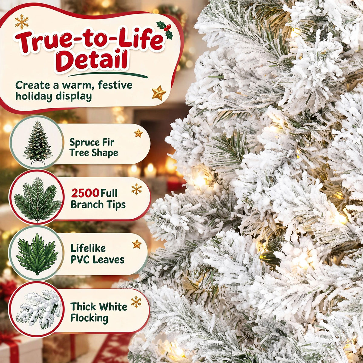 274cm Artificial Snow-Flocked Christmas Tree with Branch Tips and Warm White LED Lights for Home