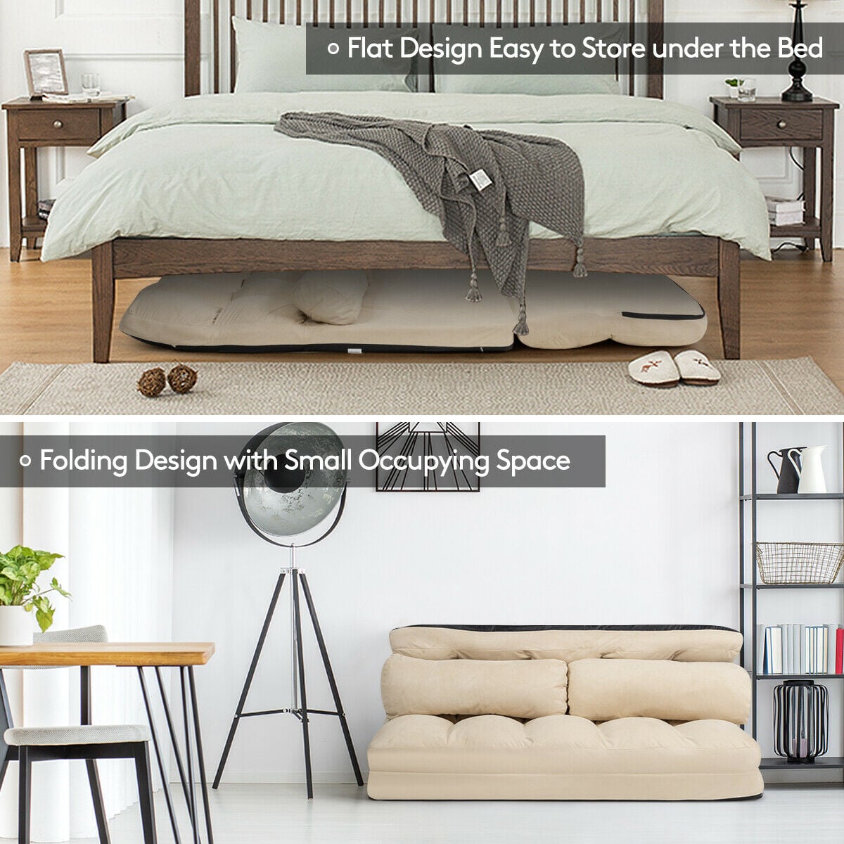 2 in 1 Folding Floor Lazy Sofa Bed with 6 Adjustable Seat Positions and 2 Pillows-Beige