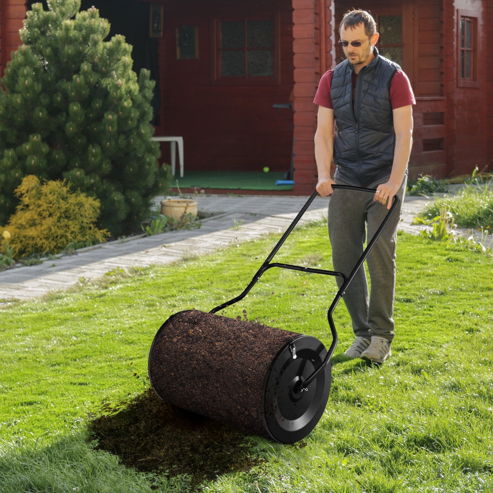 27 Inch Compost Spreader with Upgrade U-shaped Handle-Black