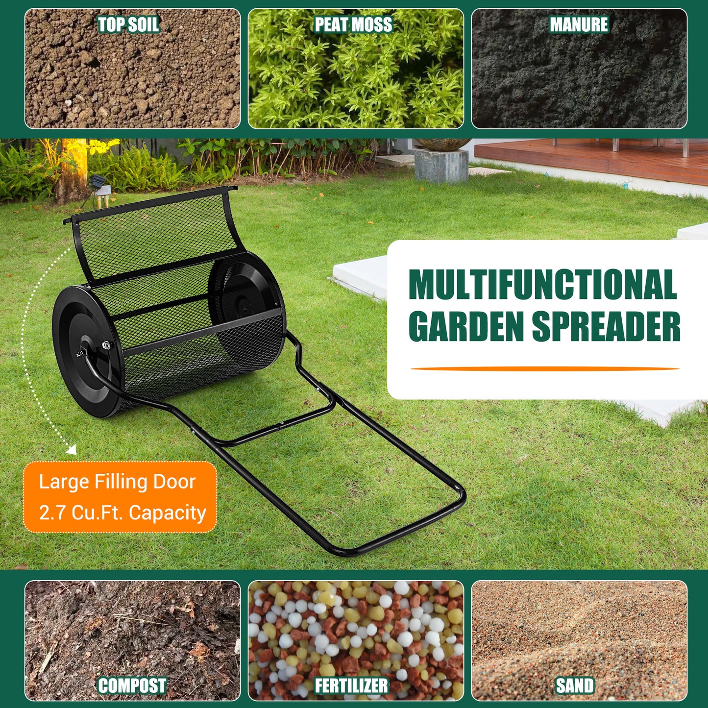 27 Inch Compost Spreader with Upgrade U-shaped Handle-Black