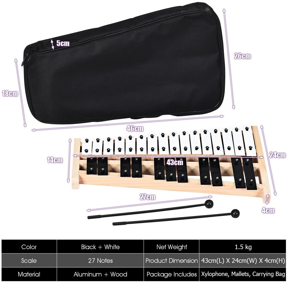 27 Notes Full Size Glockenspiel Xylophone with Carrying Bag