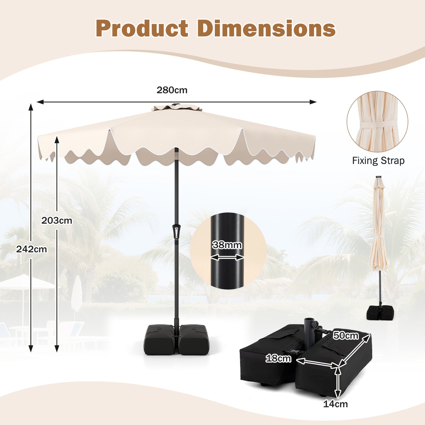 280 cm Patio Umbrella with Weighted Base for Garden Deck Backyard-Beige