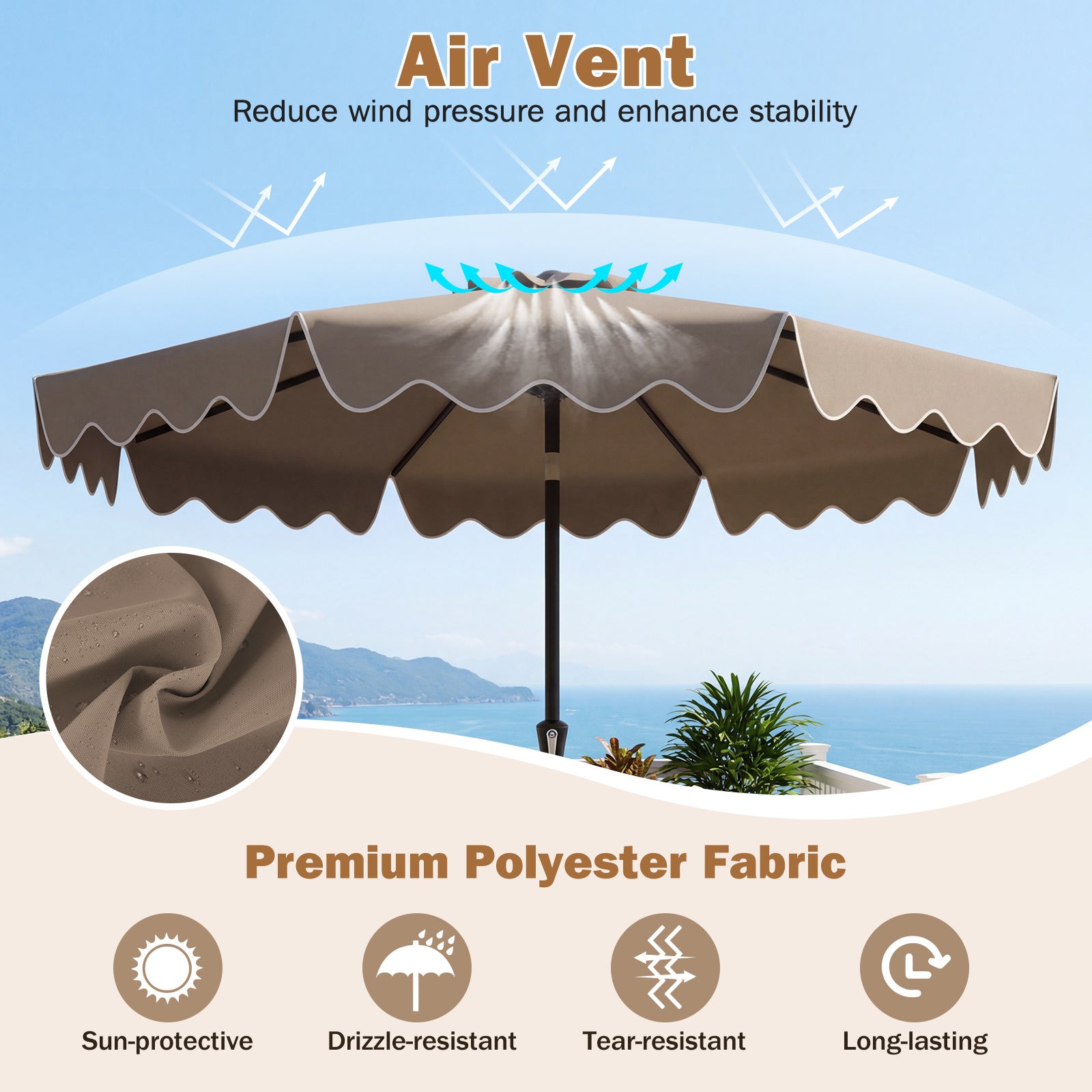 280 cm Patio Umbrella with Weighted Base for Garden Deck Backyard-Brown