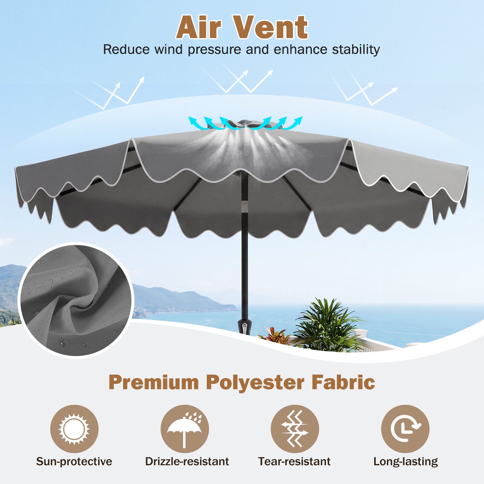 280 cm Patio Umbrella with Weighted Base for Garden Deck Backyard-Grey