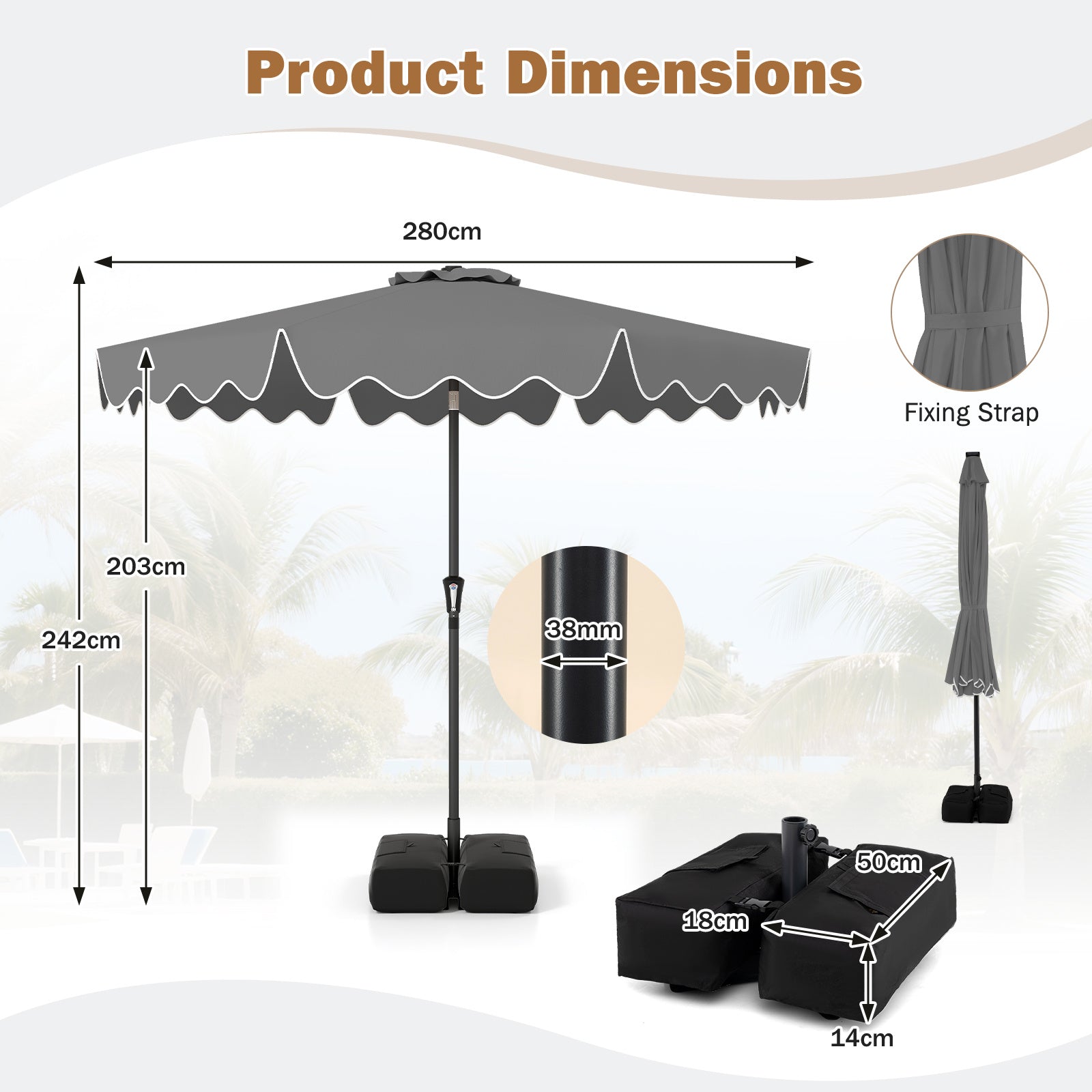 280 cm Patio Umbrella with Weighted Base for Garden Deck Backyard-Grey