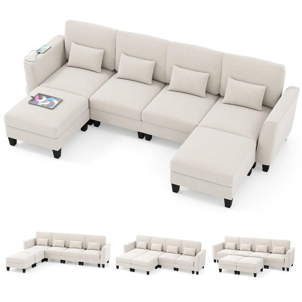 280 cm U-Shaped Sectional Sofa with 2 Ottomans & USB Charging Ports-White