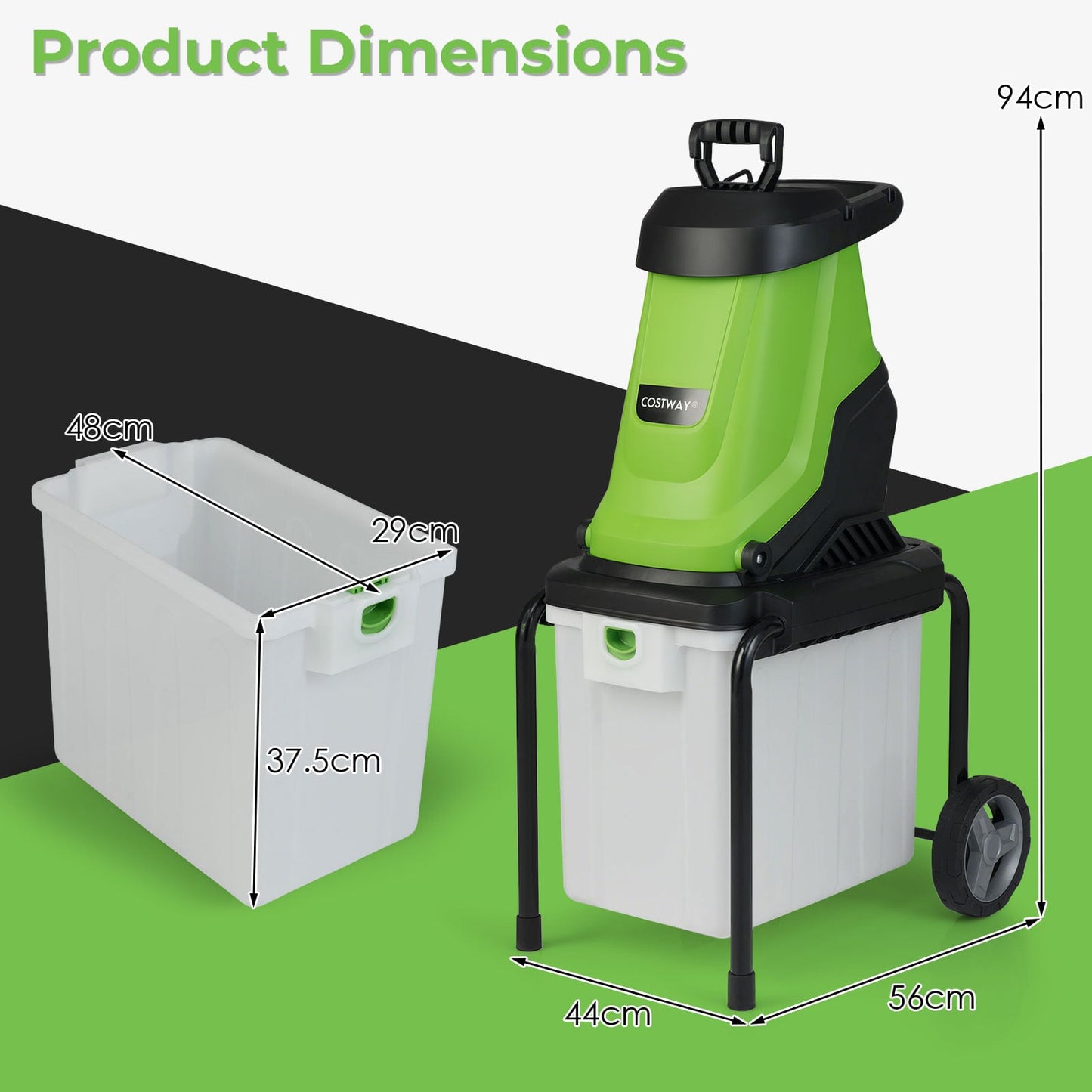 2800 W Electric Wood Chipper with 50 L Collection Bin and Wheels-Green