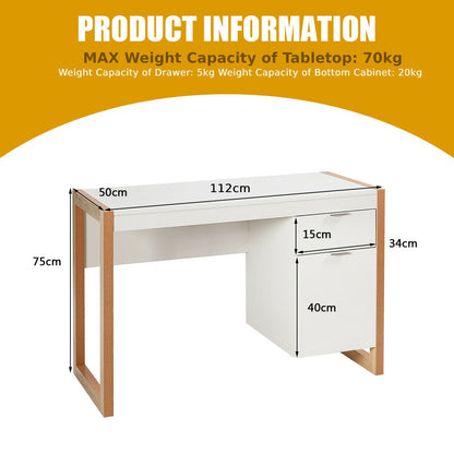 Wooden Computer Desk with Drawer and Cabinet for Home Office-White