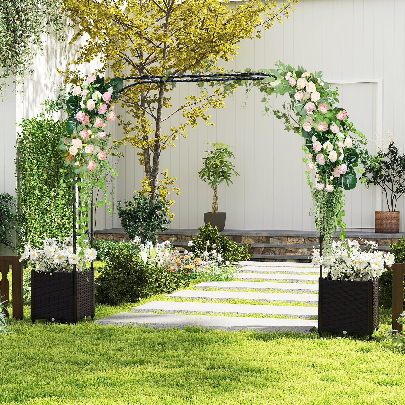 288 cm Garden Arch Trellis with 2 Planter Boxes for Wedding-Black