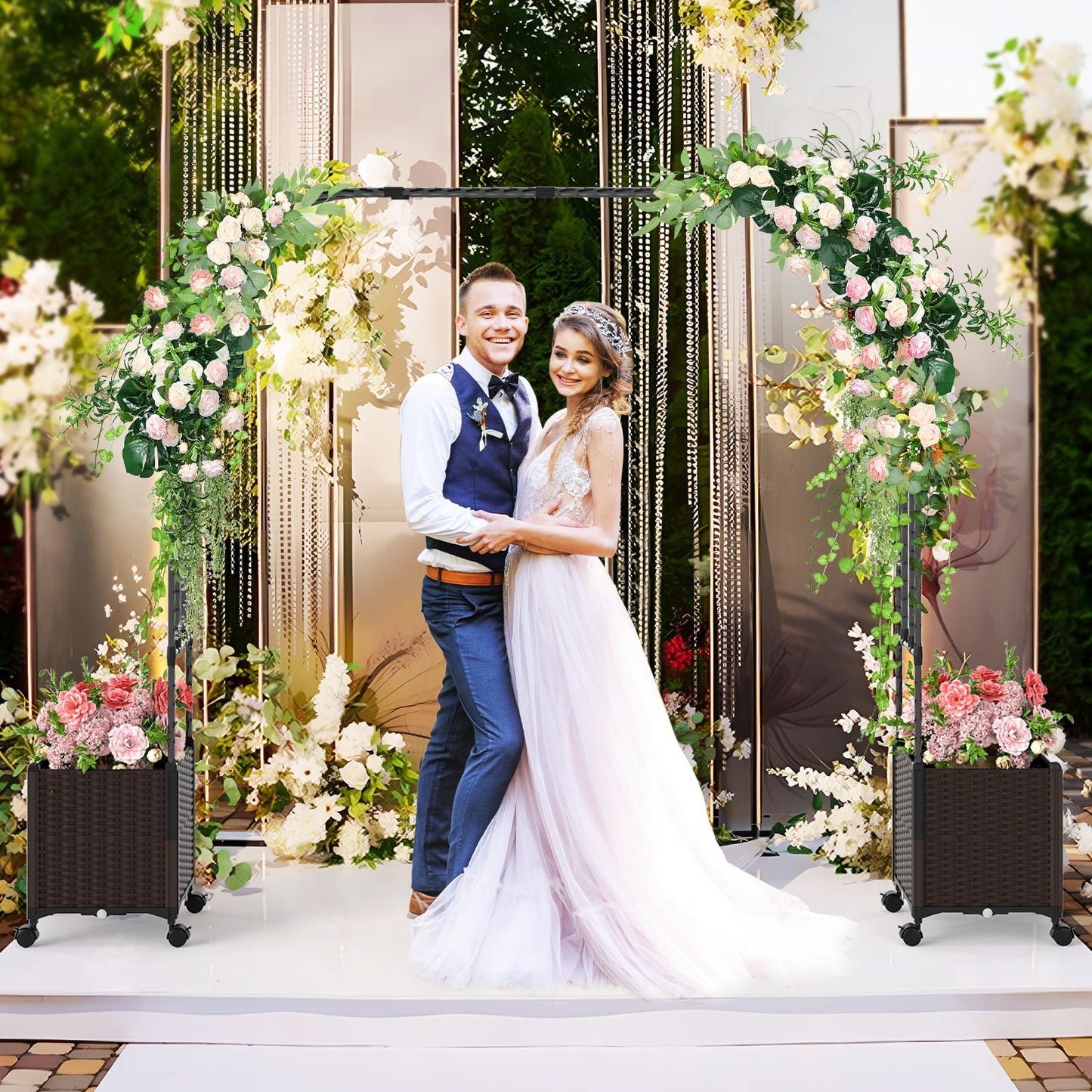 288 cm Garden Arch Trellis with 2 Planter Boxes for Wedding-Black