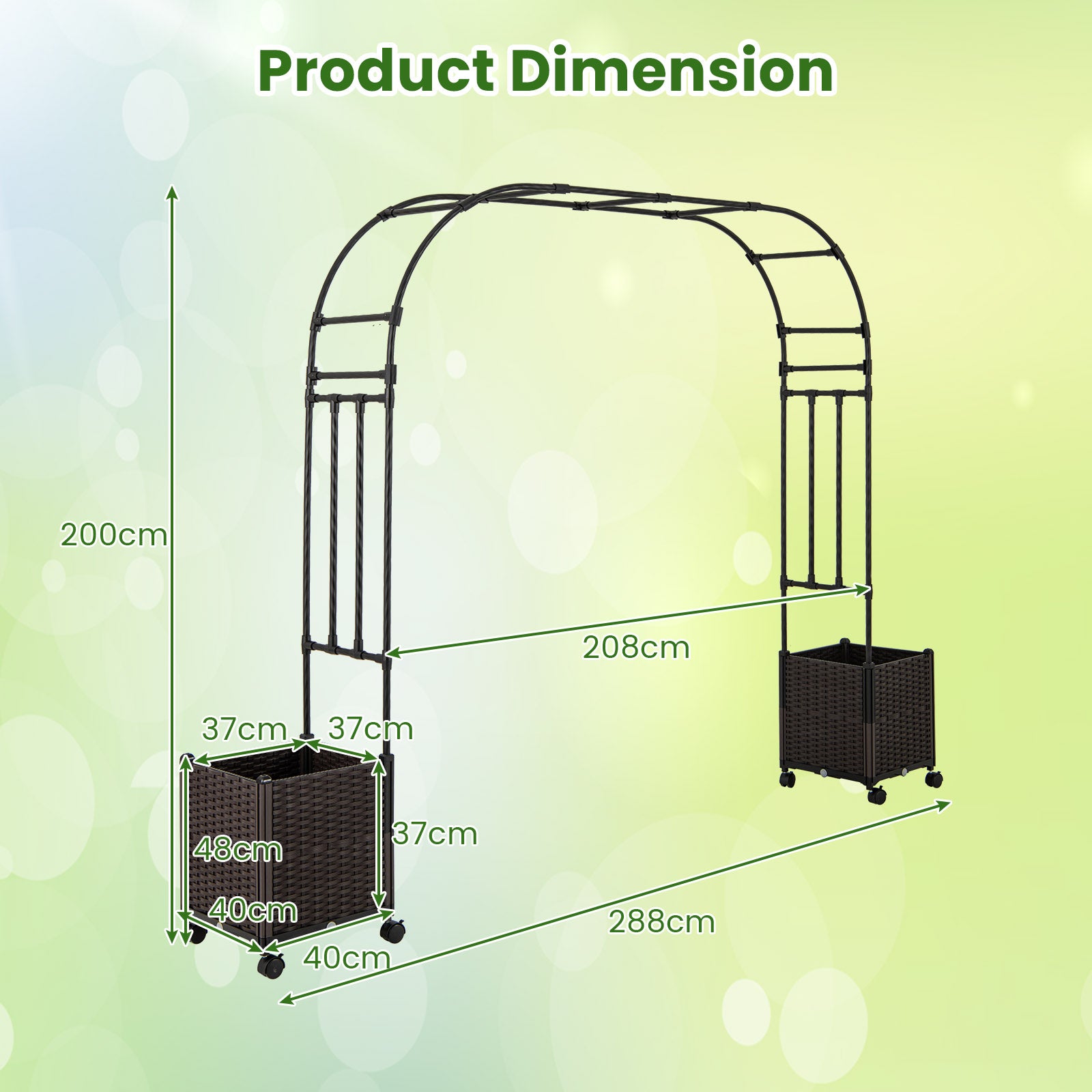 288 cm Garden Arch Trellis with 2 Planter Boxes for Wedding-Black