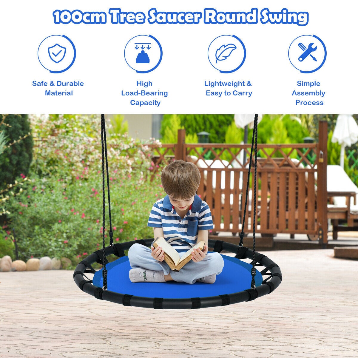 Kids Round Tree Swing with Adjustable Ropes and Hook Rings-Blue