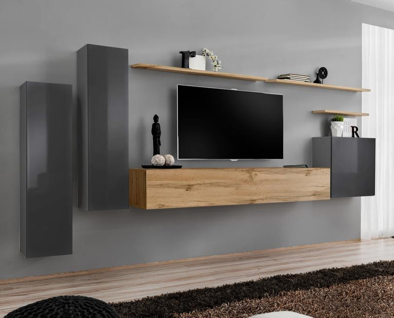 Modern living room with a TV mounted on a wall unit