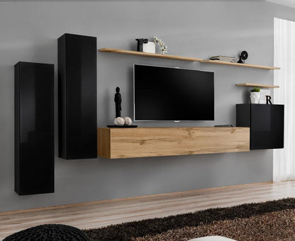 Modern living room with a wall-mounted TV and wooden shelves.