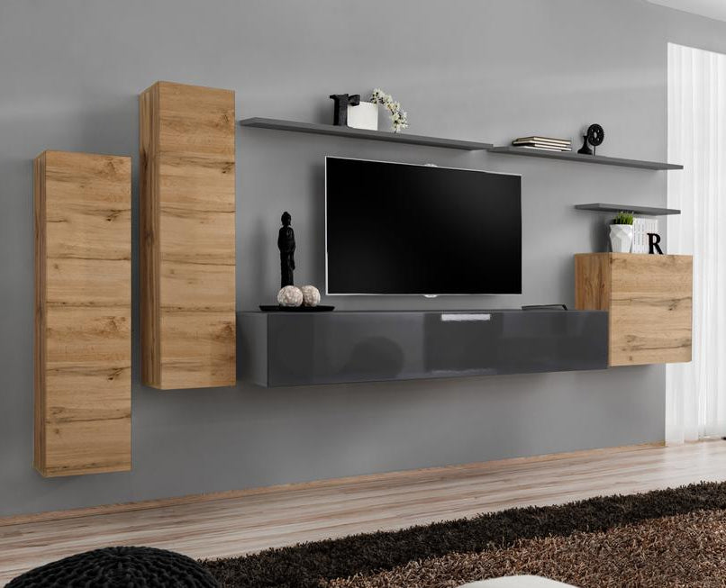 Modern living room with a TV mounted on a wall with wooden cabinets.
