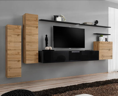 Modern living room with wooden wall units, TV, and decor.