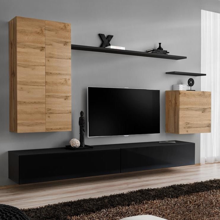 Modern living room with wooden cabinets, TV, and decor