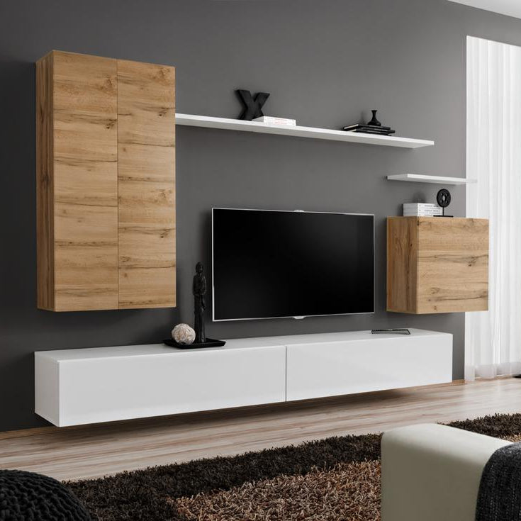 Modern living room with wooden and white furniture, TV, and decor.