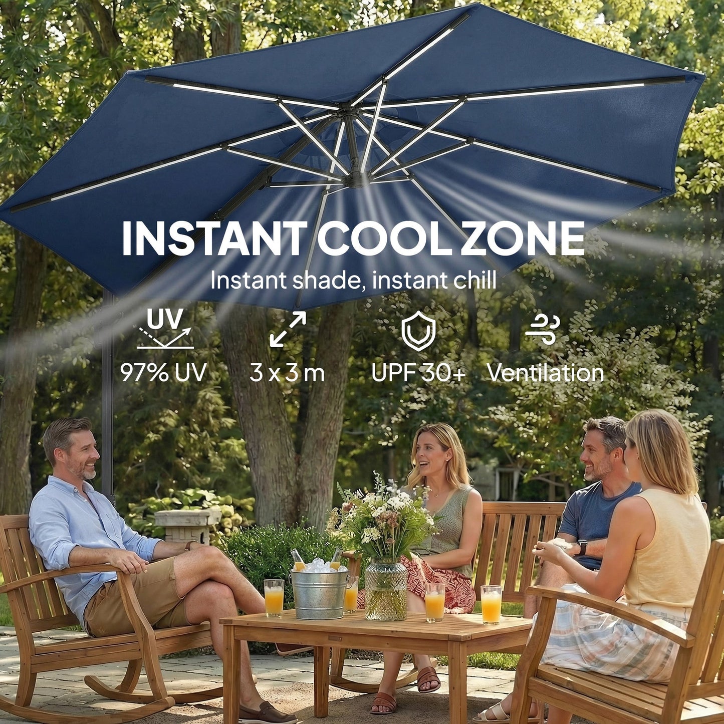 Outsunny 3 m Garden Cantilever Parasol with LED Solar Light, Round Overhanging Umbrella with 360 degrees Rotation, Cover, Navy Blue