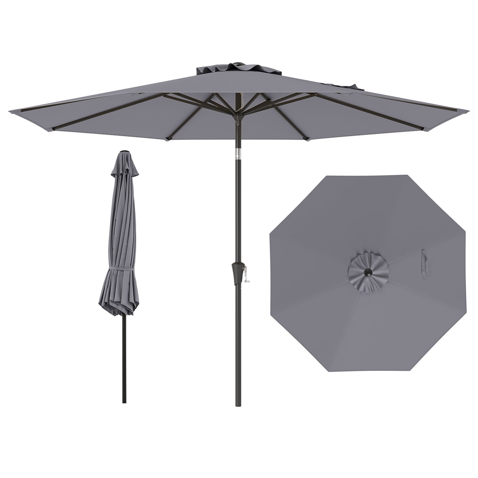 290 CM Patio Umbrella with Crank and 8 Sturdy Ribs for Garden Yard-Grey