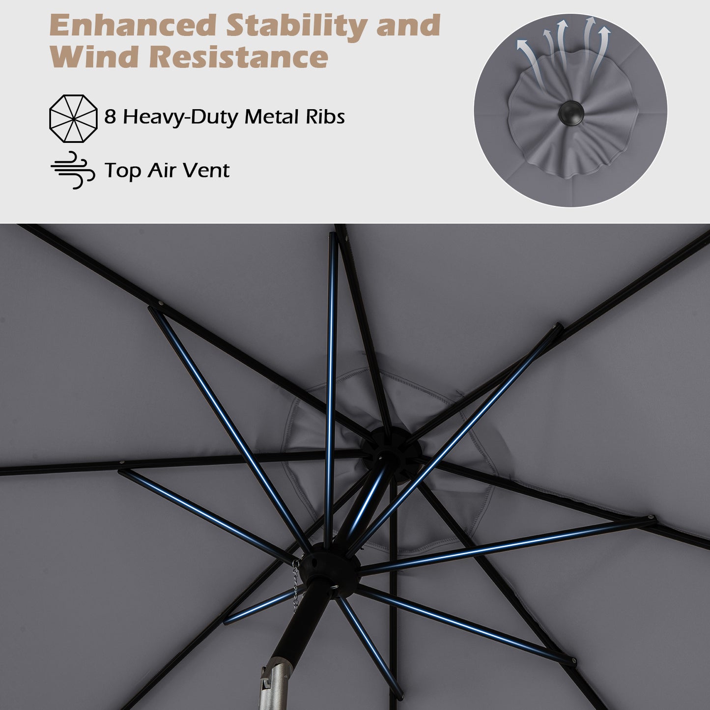 290 CM Patio Umbrella with Crank and 8 Sturdy Ribs for Garden Yard-Grey