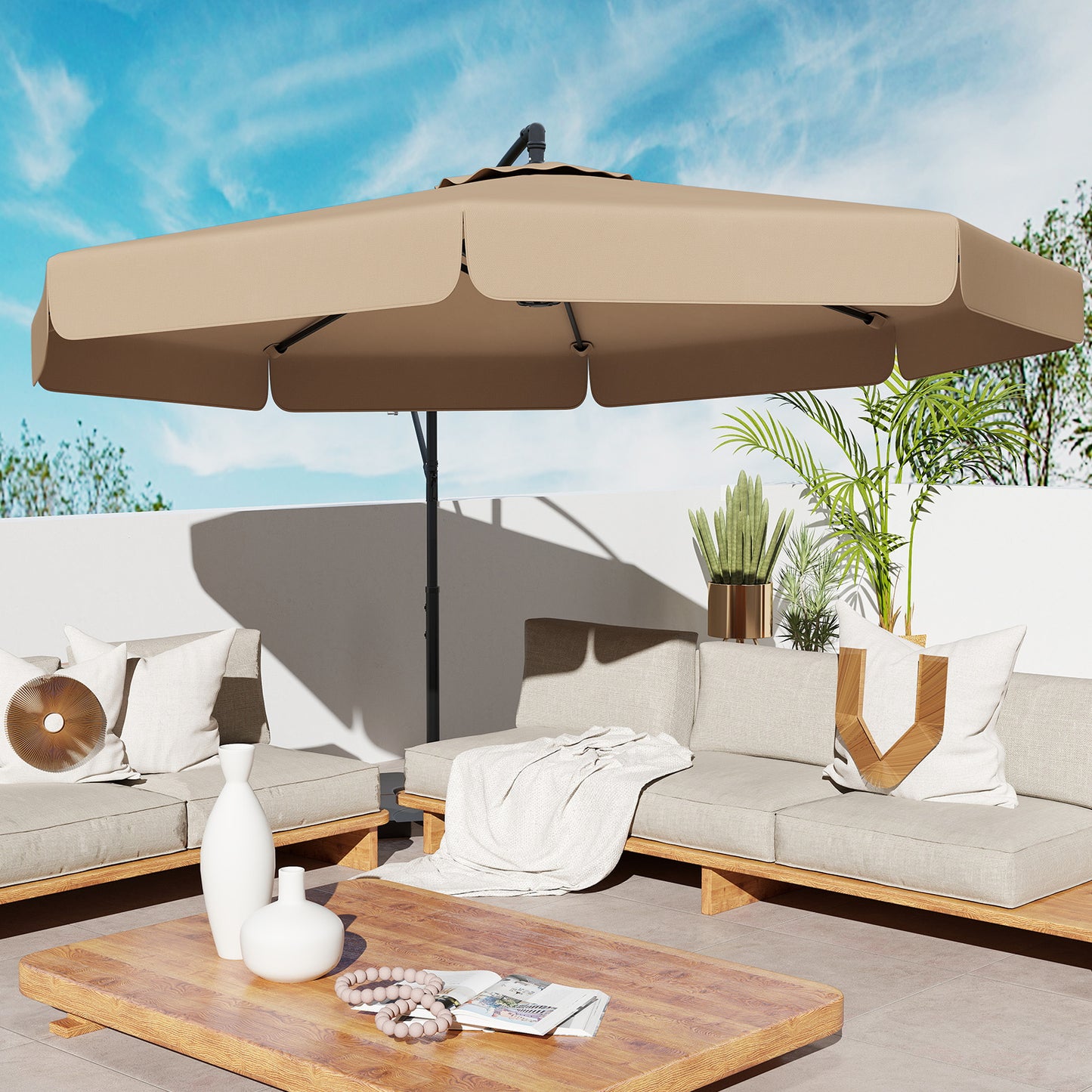 290 cm Patio Cantilever Umbrella with Easy Tilt Adjustment and Ruffled Edge-Brown