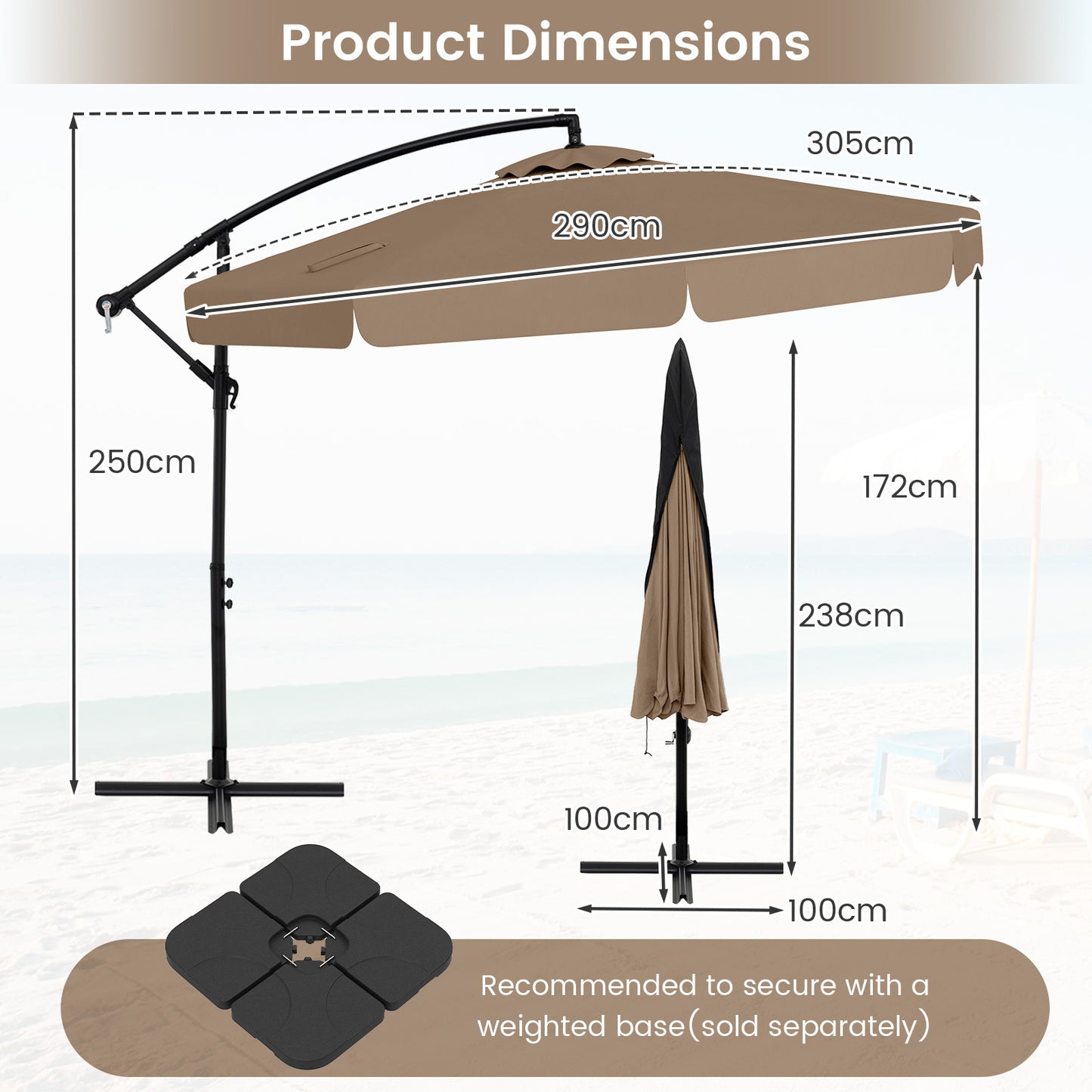 290 cm Patio Cantilever Umbrella with Easy Tilt Adjustment and Ruffled Edge-Brown