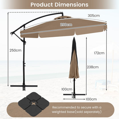 290 cm Patio Cantilever Umbrella with Easy Tilt Adjustment and Ruffled Edge-Brown