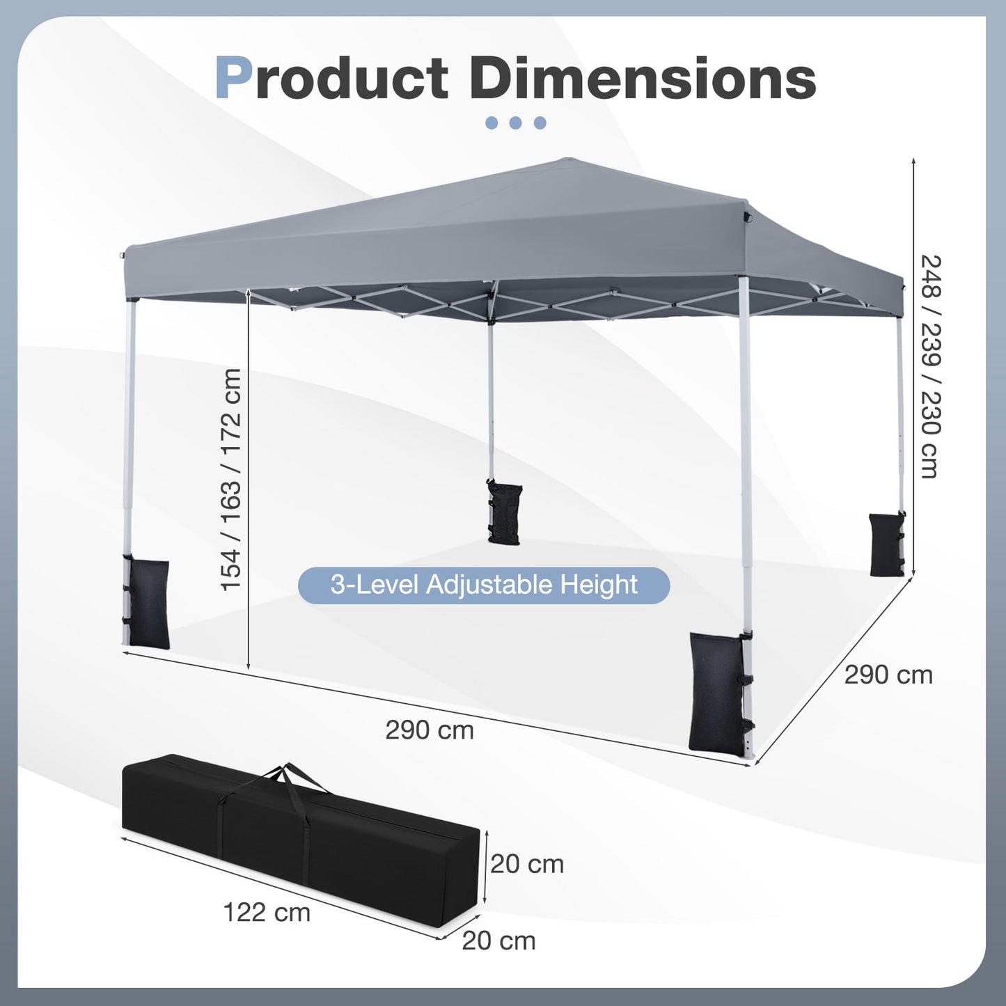290 x 290 cm Pop up Canopy Tent with Carrying Bag and 4 Sandbags-Grey