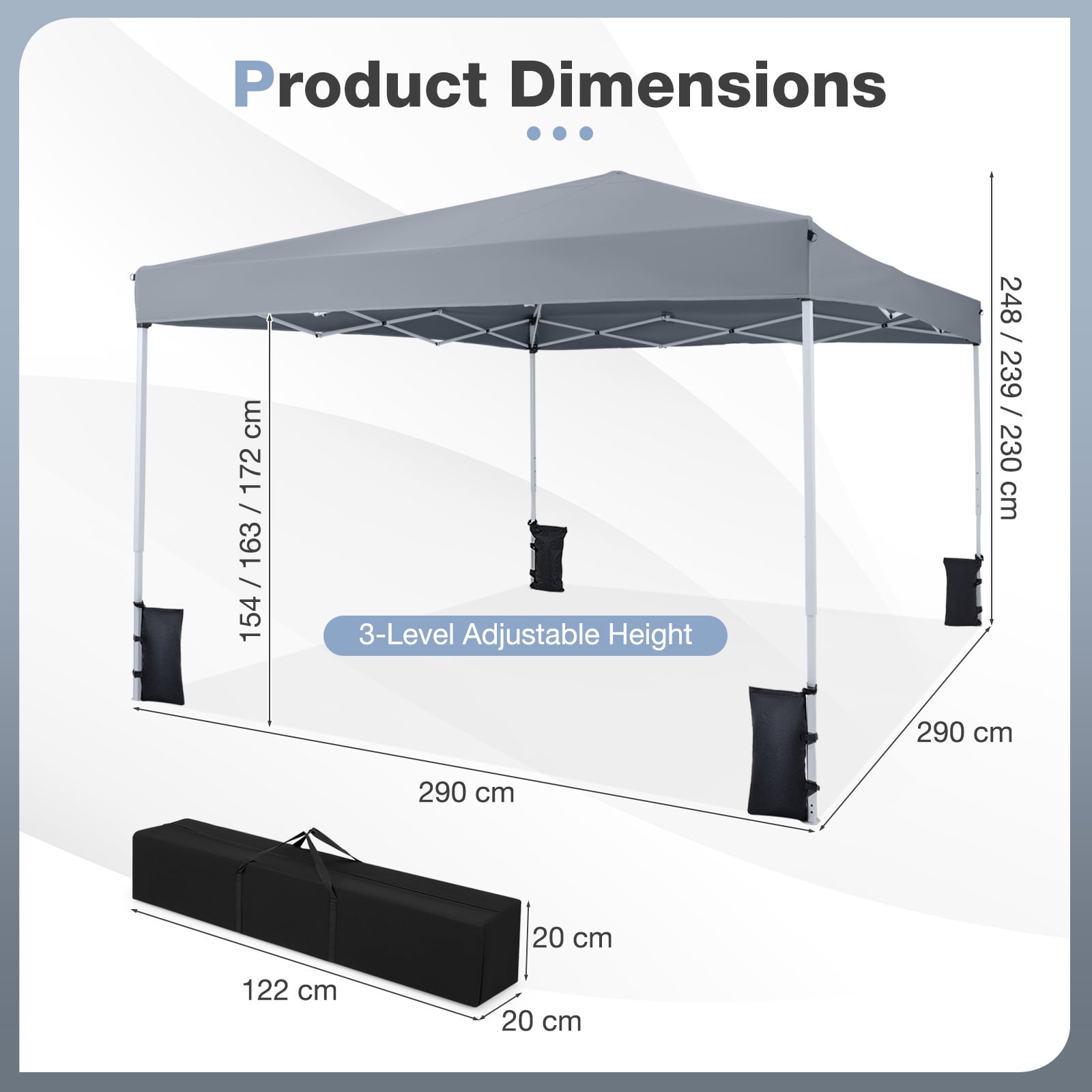 290 x 290 cm Pop up Canopy Tent with Carrying Bag and 4 Sandbags-Grey