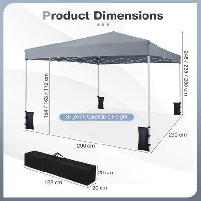 290 x 290 cm Pop up Canopy Tent with Carrying Bag and 4 Sandbags-Grey