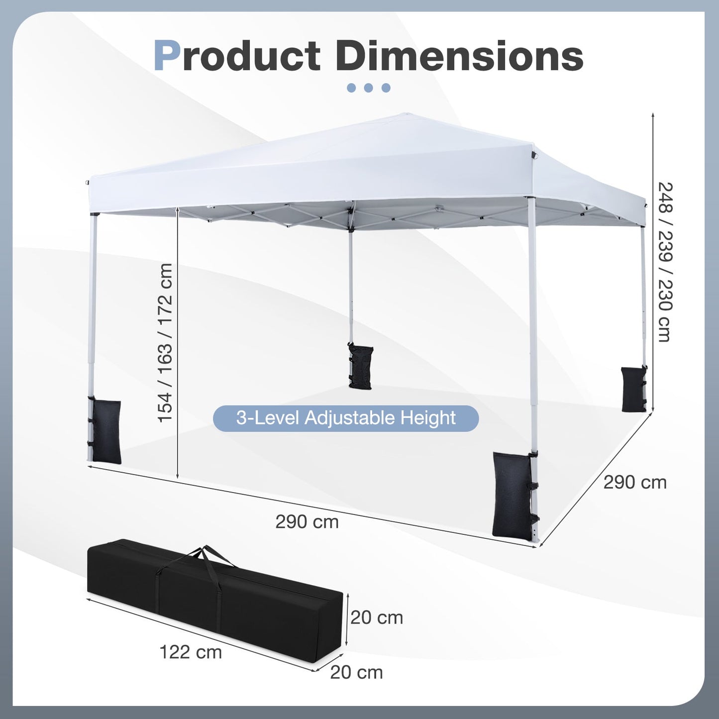 290 x 290 cm Pop up Canopy Tent with Carrying Bag and 4 Sandbags-White